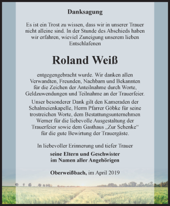 Traueranzeige von Roland Weiß von Ostthüringer Zeitung