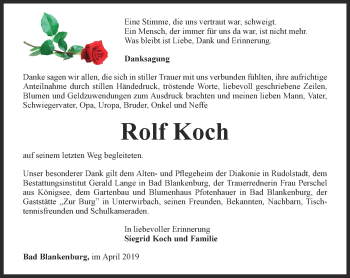 Traueranzeige von Rolf Koch von Ostthüringer Zeitung