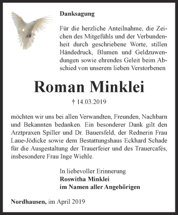 Traueranzeige von Roman Minklei von Thüringer Allgemeine