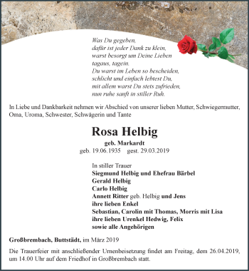 Traueranzeige von Rosa Helbig von Thüringer Allgemeine