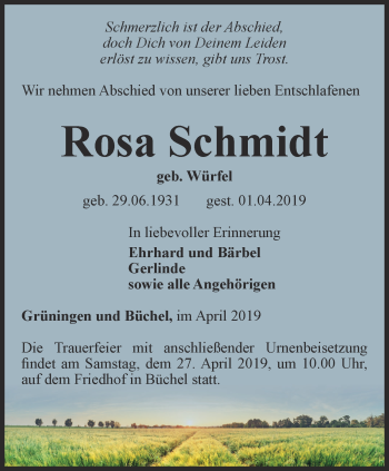 Traueranzeige von Rosa Schmidt von Thüringer Allgemeine