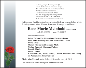 Traueranzeige von Rose Marie  Meinhold