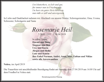 Traueranzeige von Rosemarie Heil von Thüringer Allgemeine