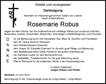 Traueranzeige von Rosemarie Robus von Thüringer Allgemeine, Thüringische Landeszeitung