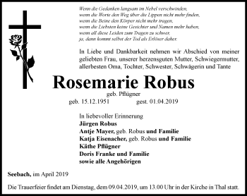 Traueranzeige von Rosemarie Robus von Thüringer Allgemeine, Thüringische Landeszeitung