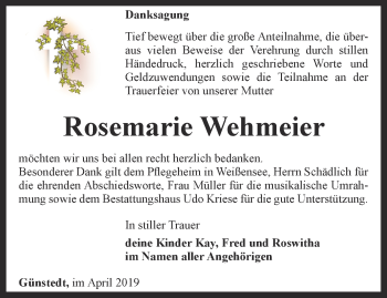 Traueranzeige von Rosemarie Wehmeier von Thüringer Allgemeine