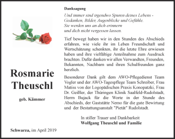 Traueranzeige von Rosmarie Theuschl von Ostthüringer Zeitung