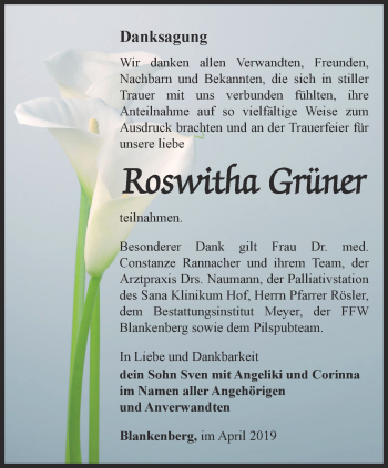 Traueranzeige von Roswitha Grüner von Ostthüringer Zeitung