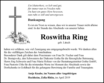 Traueranzeige von Roswitha Ring von Ostthüringer Zeitung, Thüringische Landeszeitung