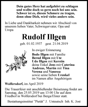 Traueranzeige von Rudolf Illgen von Ostthüringer Zeitung