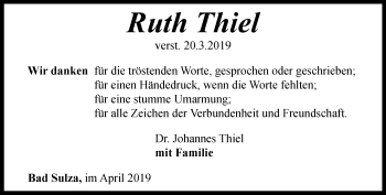 Traueranzeige von Ruth Thiel von Thüringer Allgemeine, Thüringische Landeszeitung