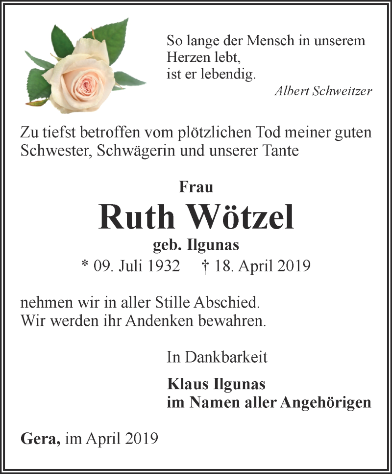  Traueranzeige für Ruth Wötzel vom 27.04.2019 aus Ostthüringer Zeitung