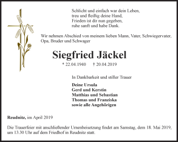 Traueranzeige von Siegfried Jäckel von Ostthüringer Zeitung