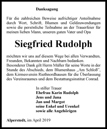 Traueranzeige von Siegfried Rudolph von Thüringer Allgemeine, Thüringische Landeszeitung