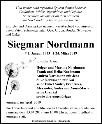 Traueranzeige von Siegmar Nordmann von Thüringer Allgemeine, Thüringische Landeszeitung