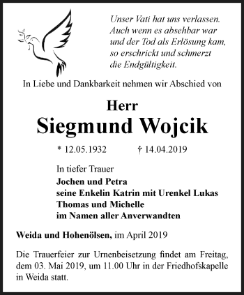 Traueranzeige von Siegmund Wojcik von Ostthüringer Zeitung