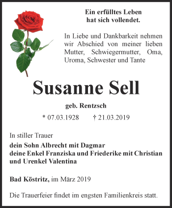 Traueranzeige von Susanne Sell von Ostthüringer Zeitung