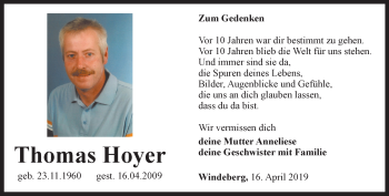 Traueranzeige von Thomas Hoyer von Thüringer Allgemeine, Thüringische Landeszeitung