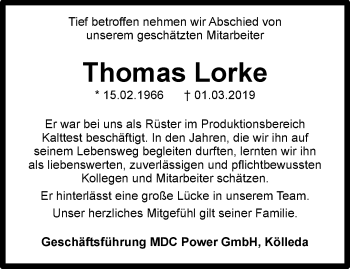 Traueranzeige von Thomas Lorke von Thüringer Allgemeine