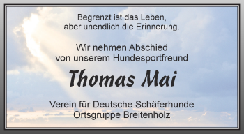 Traueranzeige von Thomas Mai von Thüringer Allgemeine