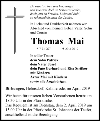 Traueranzeige von Thomas Mai von Thüringer Allgemeine