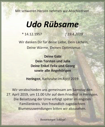 Traueranzeige von Udo Rübsame von Thüringer Allgemeine