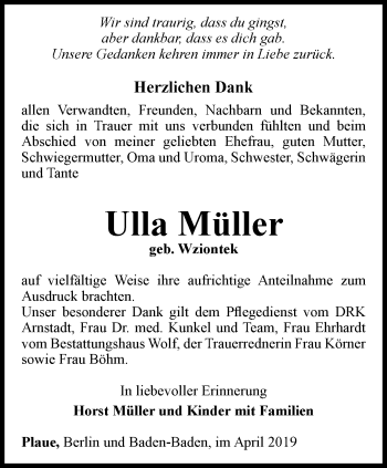 Traueranzeige von Ulla Müller von Thüringer Allgemeine