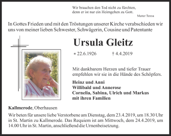 Traueranzeige von Ursula Gleitz von Thüringer Allgemeine