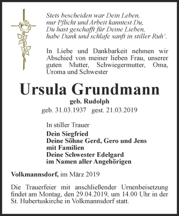 Traueranzeige von Ursula Grundmann von Ostthüringer Zeitung