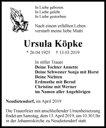 Traueranzeige von Ursula Köpke von Thüringer Allgemeine, Thüringische Landeszeitung