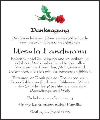 Traueranzeige von Ursula Landmann von Ostthüringer Zeitung, Thüringische Landeszeitung