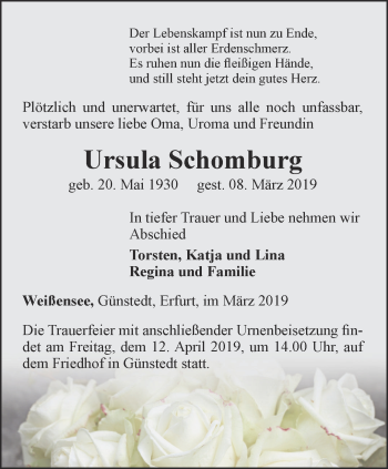 Traueranzeige von Ursula Schomburg von Thüringer Allgemeine