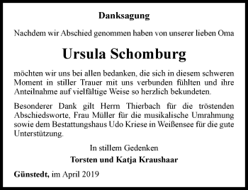 Traueranzeige von Ursula Schomburg von Thüringer Allgemeine