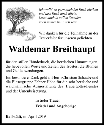 Traueranzeige von Waldemar Breithaupt von Ostthüringer Zeitung, Thüringische Landeszeitung