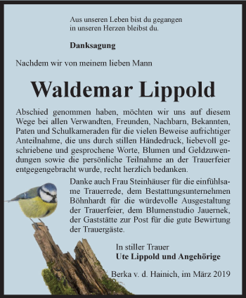 Traueranzeige von Waldemar Lippold von Thüringer Allgemeine, Thüringische Landeszeitung