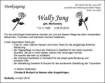 Traueranzeige von Wally Jung von Ostthüringer Zeitung