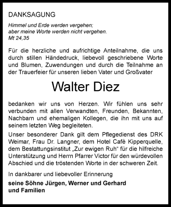 Traueranzeige von Walter Diez von Thüringer Allgemeine, Thüringische Landeszeitung