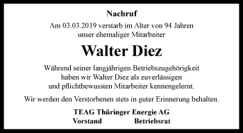 Traueranzeige von Walter Diez von Thüringer Allgemeine, Thüringische Landeszeitung