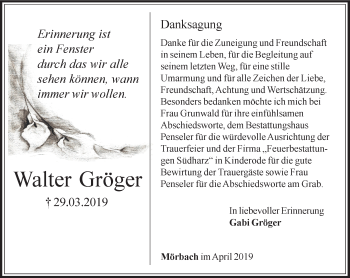 Traueranzeige von Walter Gröger von Thüringer Allgemeine