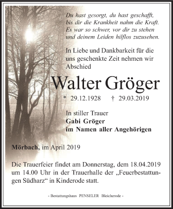 Traueranzeige von Walter Gröger von Thüringer Allgemeine