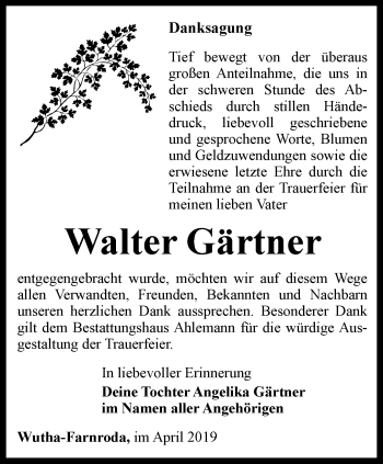 Traueranzeige von Walter Gärtner von Thüringer Allgemeine, Thüringische Landeszeitung