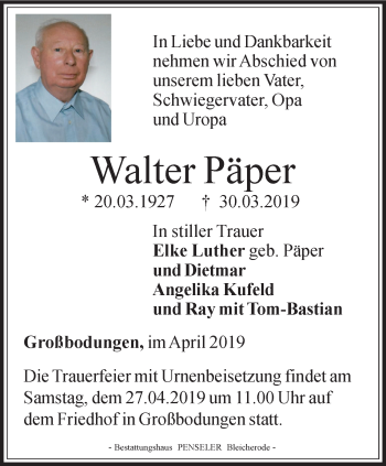 Traueranzeige von Walter Päper von Thüringer Allgemeine