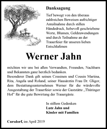 Traueranzeige von Werner Jahn von Ostthüringer Zeitung