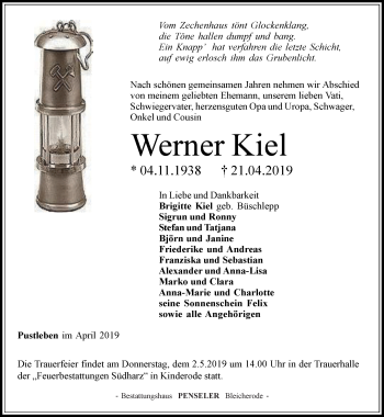 Traueranzeige von Werner Kiel von Thüringer Allgemeine