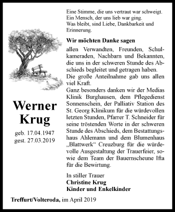 Traueranzeige von Werner Krug von Thüringer Allgemeine, Thüringische Landeszeitung