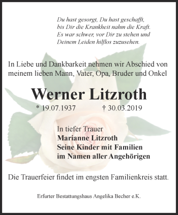 Traueranzeige von Werner Litzroth von Thüringer Allgemeine, Thüringische Landeszeitung