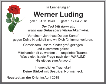 Traueranzeige von Werner Luding von Ostthüringer Zeitung