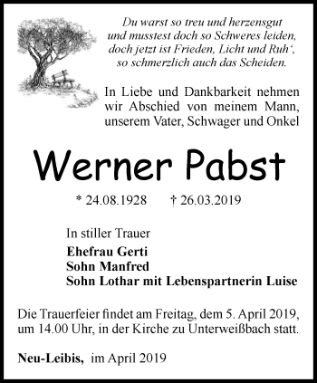 Traueranzeige von Werner Pabst von Ostthüringer Zeitung