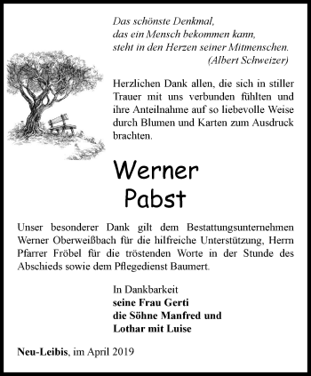 Traueranzeige von Werner Pabst von Ostthüringer Zeitung