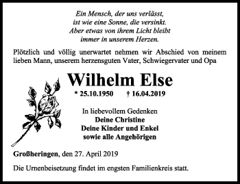 Traueranzeige von Wilhelm Else von Thüringer Allgemeine, Thüringische Landeszeitung